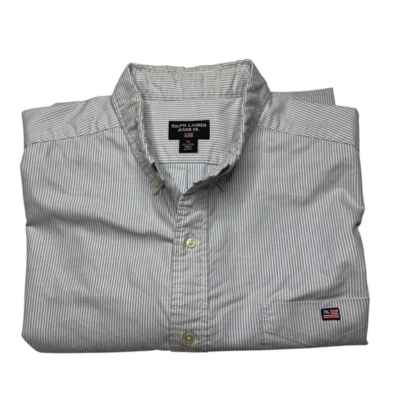 Ralph Lauren Jeans Co. VTG Short Sleeve Button Up Shirt XL White/Blue - Picture 1 of 7